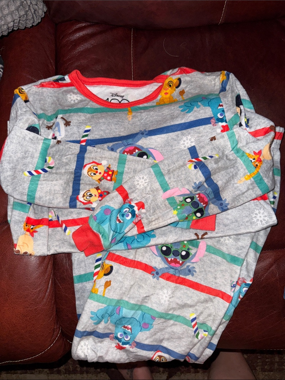Disney Gray Holiday Character Kids Pajama Set with Red Trim